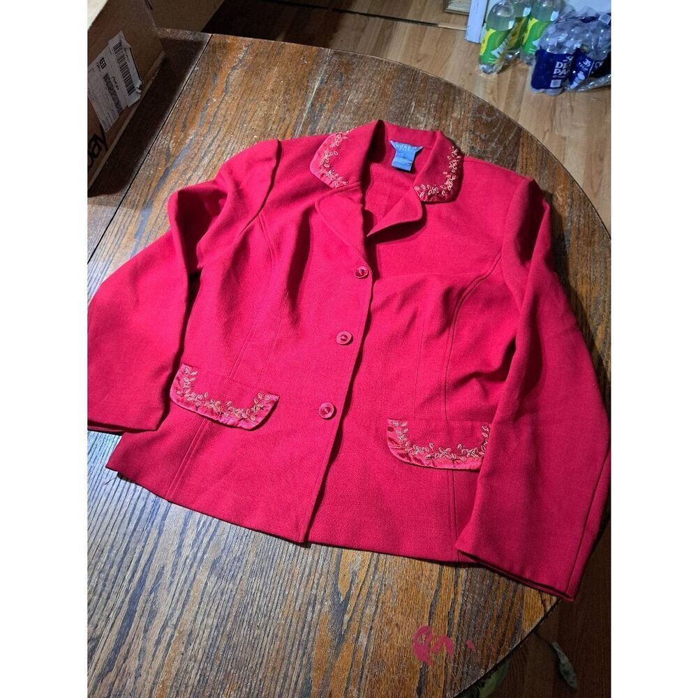 Size 18 Koret Red 3 Button Front Long Sleeve Gold Embellished Jacket Blazer